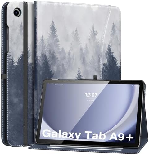 MoKo Case for Samsung Galaxy Tab A9 Plus 11" 2023 (SM-X210/SM-X216/SM-X218), PU Leather Multi-Angle Viewing Folding Stand Cover Case with Hand Strap, Front Pocket, Auto Wake/Sleep, Denim Blue & Brown