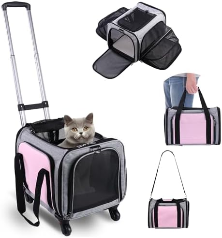 Pet Carrier Airline Approved on Wheels - Two Sided Expandable Cat Soft Carrier for Puppy and Cats Under 26lbs, Rolling Cat Carrier for Airplane, Camping, Outdoor(Pink)