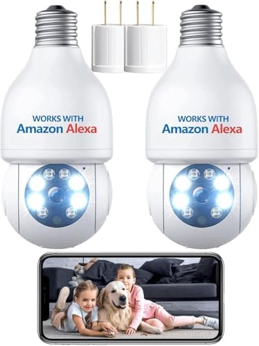 2Pack Light Bulb Security Camera, Dual Lens 10X Zoom 360° PTZ Outdoor Camera 2.4G Wi-Fi Color Night Vision Surveillance Camera with Two-Way Talk, Motion Tracking, Cloud Storage for Home Security