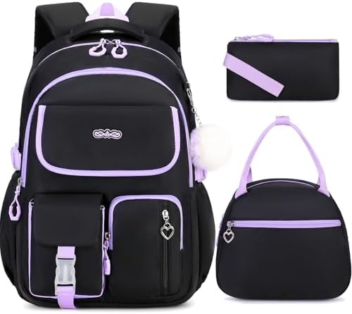 3PCS School Backpack for Girls with Lunch Box Pencil Pouch for Teen Girls Children Elementary Primary Middle High College Daypack School bag Bookbag Set Pink