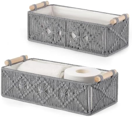 Mkono Macrame Storage Baskets Boho Decor Box Handmade Woven Decorative Countertop Toilet Tank Shelf Cabinet Organizer for Bedroom Livingroom Home, Set of 2, Ivory