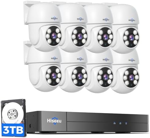 Hiseeu 3K PTZ Wired Security Camera System Outdoor 360°View with Alarm Spotlight, Audio,8CH 5MP DVR,8PCS CCTV Cameras,3TB HDD,Person/Vehicle Detection,100FT Night Vision,24/7 Record,Smart Playback