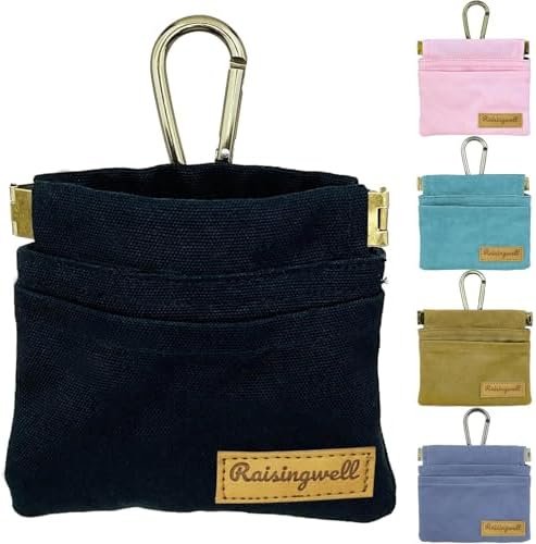 Raisingwell Dog Treat Pouch, Black Pocket Sized Pet Training Pouch, Cotton Fabric, Hand Free Dog Walking Bag with Carabiner, Self-Closing Pet Feed Snack Reward, for Pet Puppy Travel or Outdoor Use