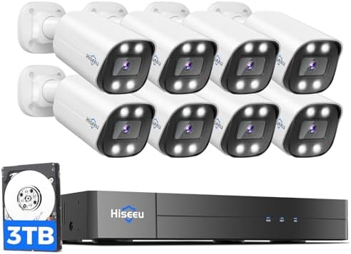 Hiseeu 4K Wired PoE Security Camera System,Color Night Vision Home Security System w/8 MP PoE Cameras,121°Wide Angle,Human Vehicle Detect,2 Way Audio,16ch NVR for Home Surveillance Indoor&Outdoor