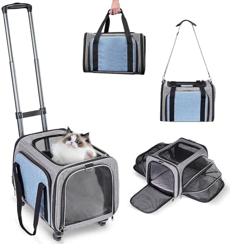 Pet Carrier Airline Approved on Wheels - Two Sided Expandable Cat Soft Carrier for Puppy and Cats Under 26lbs, Rolling Cat Carrier for Airplane, Camping, Outdoor(Pink)