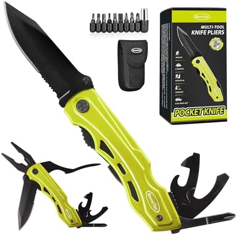 RoverTac Pocket Knife Tactical Folding Knife Multi Tool Survival Camping Knife, Multitool Knife Pliers Bottle & Can Opener 9-Pack Screwdrivers Liner Lock Nylon Sheath, Pocket Knife for Camping Hiking