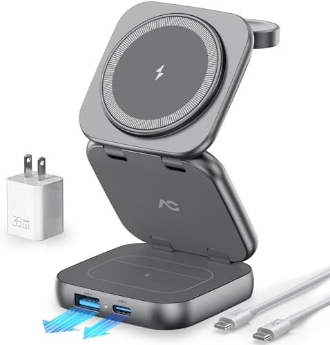 5-in-1 Wireless Charger for Magsafe, AC ISLAND Aluminum Travel Charging Station for Apple, 15W Snap Magnetic Multi Charging Stand Dock for iPhone 16/15/14/13 Apple Watch AirPods (with 35W GaN Adapter)