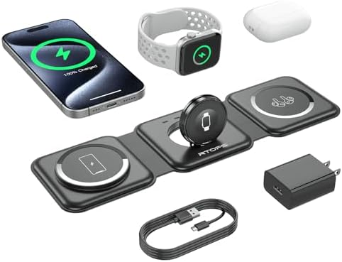 RTOPS 3 in 1 Wireless Charger for iPhone,W312 Fodable Charging Stations for Multiple Apple Devices, Fast Travel Charging Stand for iWatch, Airpod and iPhone 15 14 13 12 (Adapter Included)