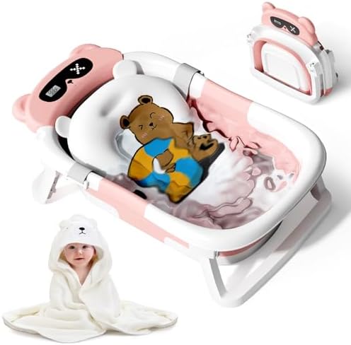 Kerbwry Baby Bathtub for Newborn to Toddler, Baby Bath Tub with Soft Towel and Floating Cushion, Baignoire Pour Bébé, Shower Essentials for Newborn (0-18 Months) Grey