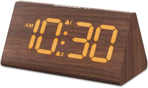 Odokee Wooden Digital Alarm Clock for Bedroom: Electric Desk Clock with Large LED Display - Brown