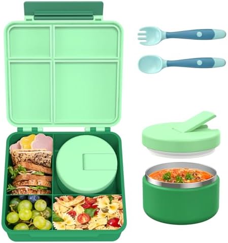 Bento Lunch Box for Kid with 7oz Soup Jar, Leak-Proof Lunch Box with Cutlery, 4-Compartments Lunch Container for School Outdoors Office