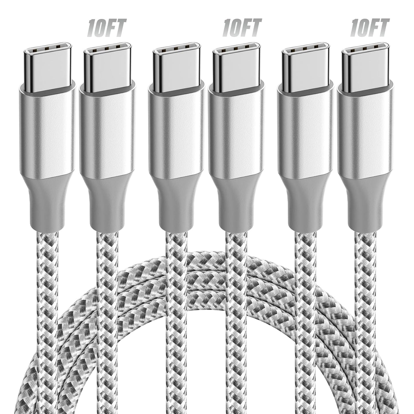 USB C Cable,3 Pack 10FT 60W Fast Charging USB C to USB C Cable, Durable Type C Charger Cable for iPhone 16/15/iPad MacBook CarPlay and More-Grey White