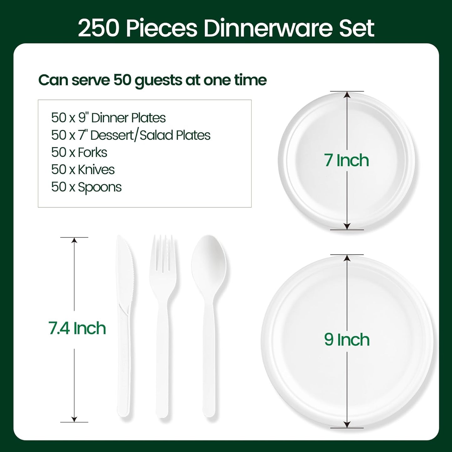 250 PCS Disposable Paper Plates with Cutlery Set 100% Compostable and Heavy Duty Paper Plates Set Include 7&9 Inch Plate, Forks, Knives and Spoons Dinnerware Set for 50 Guests