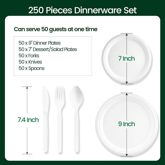 250 PCS Disposable Paper Plates with Cutlery Set 100% Compostable and Heavy Duty Paper Plates Set Include 7&9 Inch Plate, Forks, Knives and Spoons Dinnerware Set for 50 Guests - PuriLite