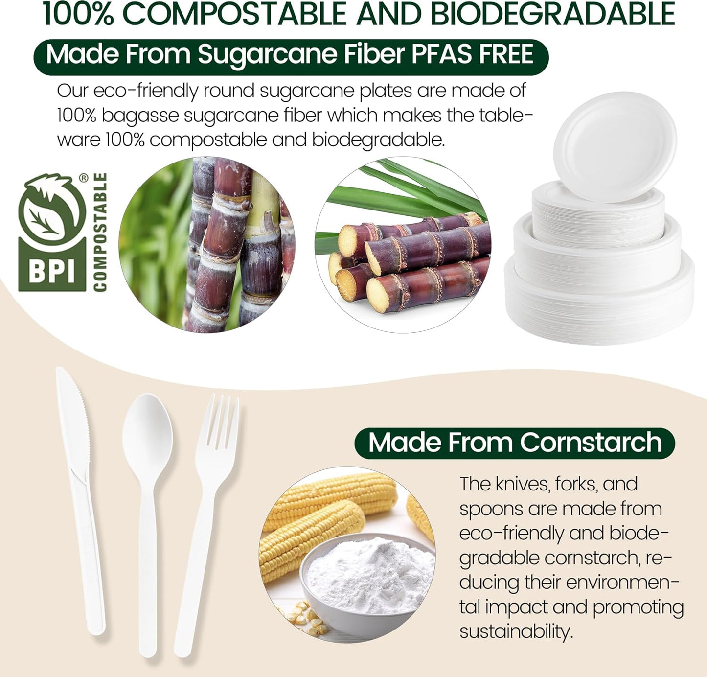 250 PCS Disposable Paper Plates with Cutlery Set 100% Compostable and Heavy Duty Paper Plates Set Include 7&9 Inch Plate, Forks, Knives and Spoons Dinnerware Set for 50 Guests