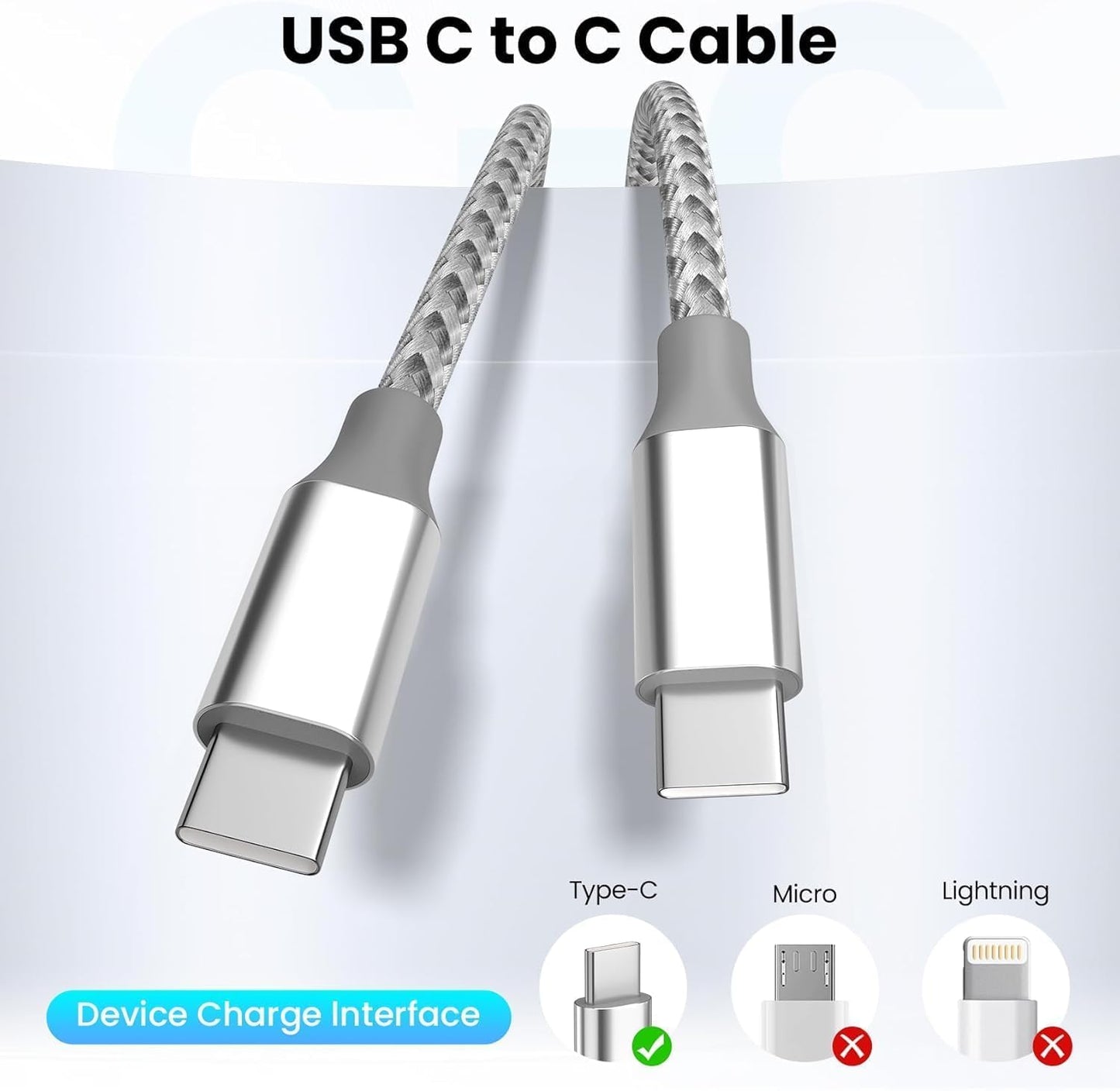 USB C Cable,3 Pack 10FT 60W Fast Charging USB C to USB C Cable, Durable Type C Charger Cable for iPhone 16/15/iPad MacBook CarPlay and More-Grey White