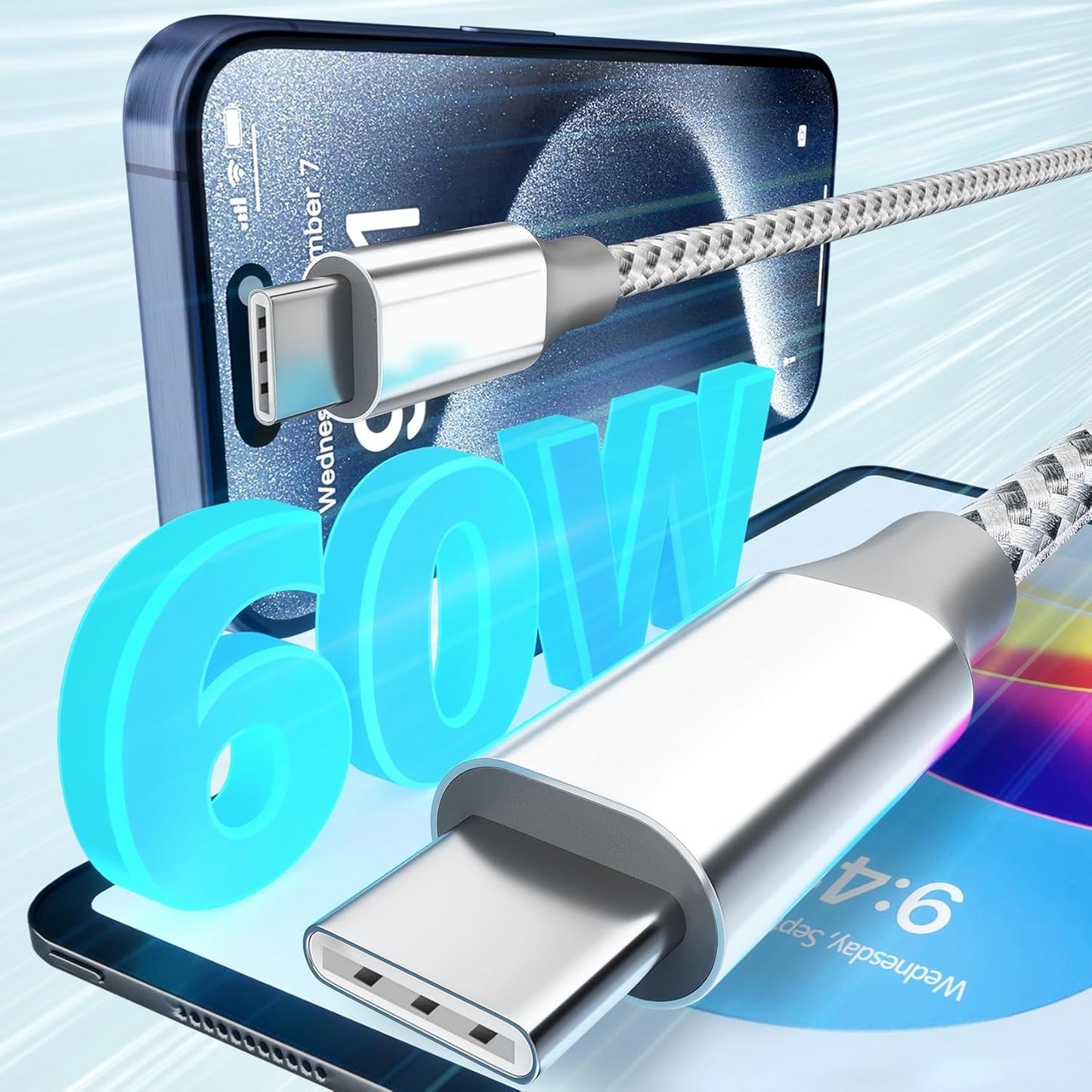USB C Cable,3 Pack 10FT 60W Fast Charging USB C to USB C Cable, Durable Type C Charger Cable for iPhone 16/15/iPad MacBook CarPlay and More-Grey White