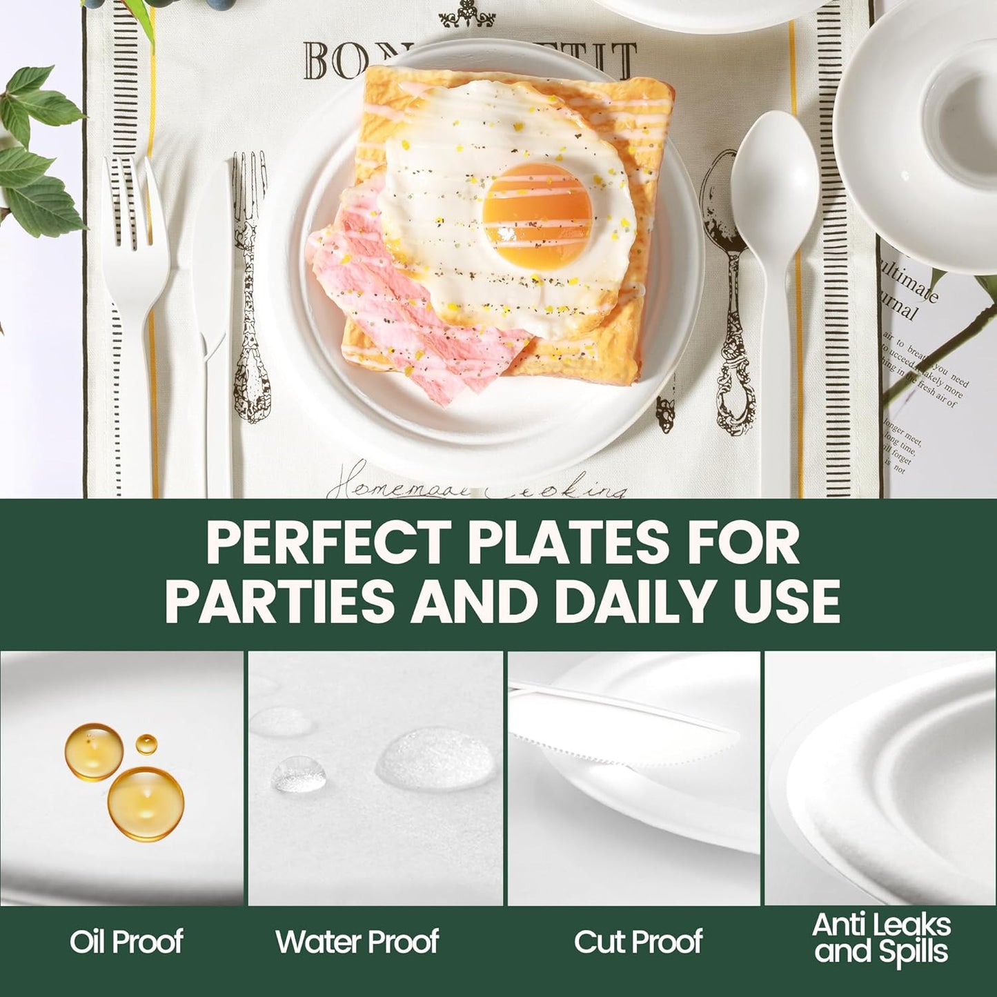 250 PCS Disposable Paper Plates with Cutlery Set 100% Compostable and Heavy Duty Paper Plates Set Include 7&9 Inch Plate, Forks, Knives and Spoons Dinnerware Set for 50 Guests