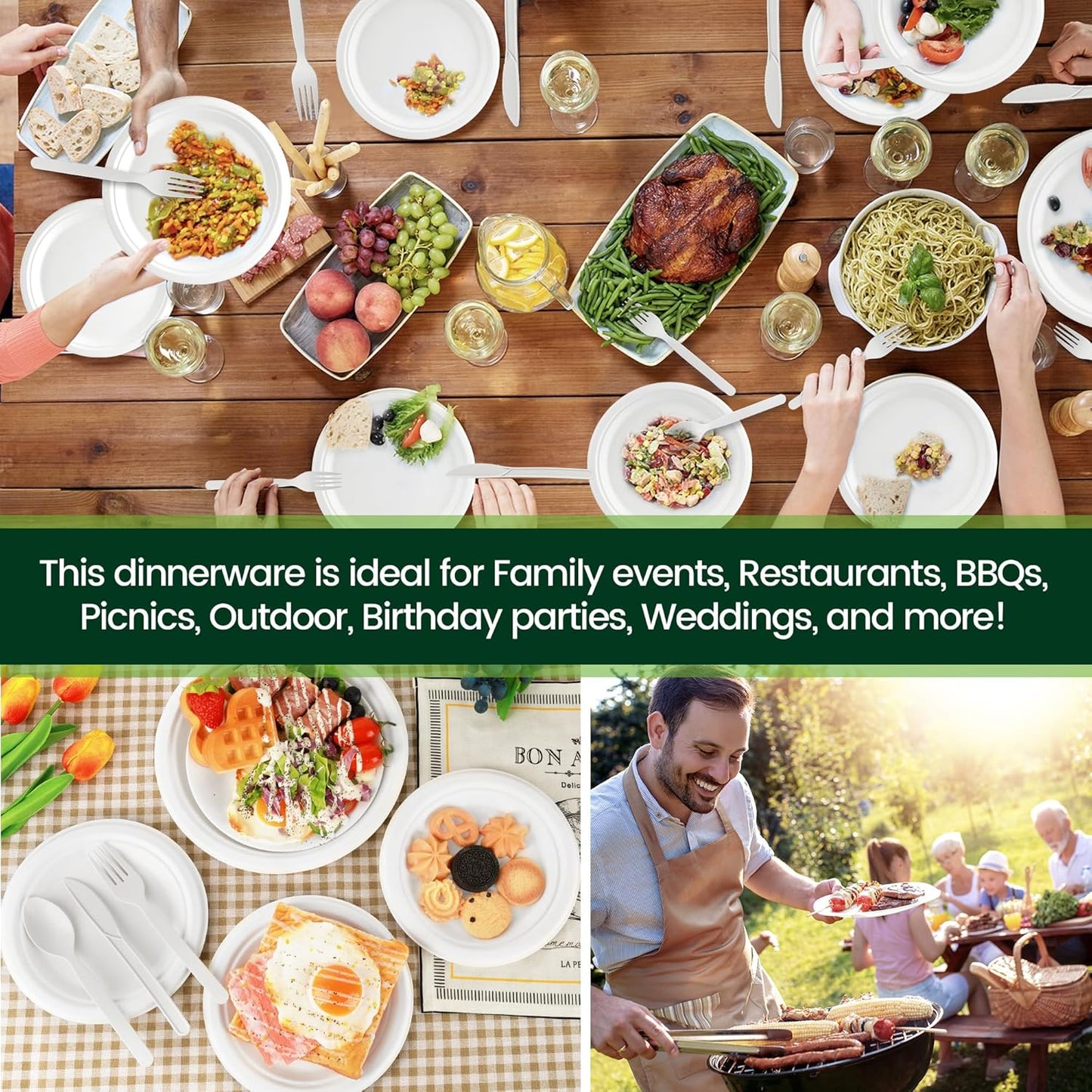 250 PCS Disposable Paper Plates with Cutlery Set 100% Compostable and Heavy Duty Paper Plates Set Include 7&9 Inch Plate, Forks, Knives and Spoons Dinnerware Set for 50 Guests
