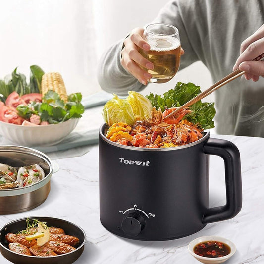 Topwit Hot Pot Electric, Electric Pot, 1.6L Ramen Cooker, Multifunctional Electric Cooker for Pasta, Shabu-Shabu, Oatmeal, Soup and Egg with Over-Heating Protection, Boil Dry Protection, Black - PuriLite