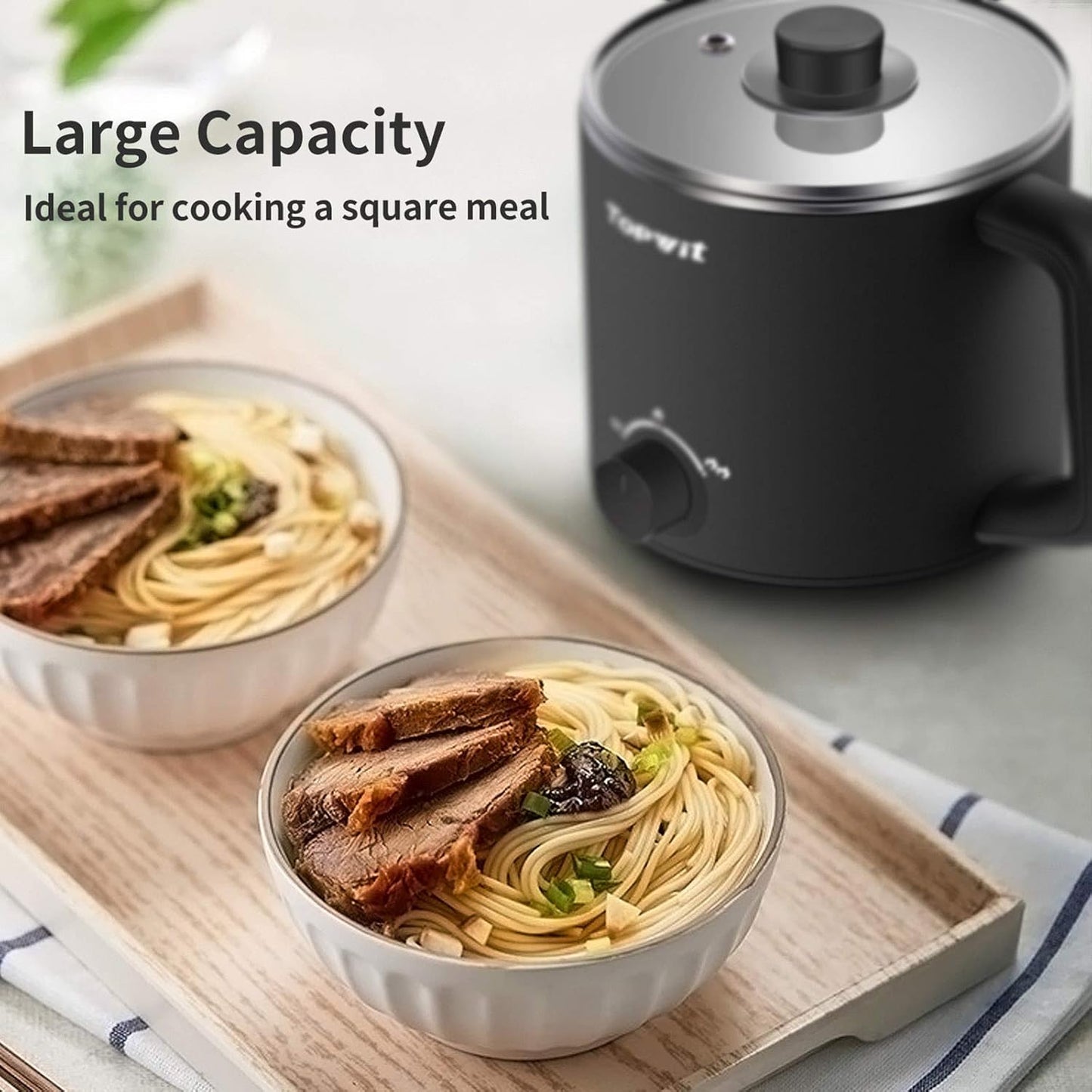 Topwit Hot Pot Electric, Electric Pot, 1.6L Ramen Cooker, Multifunctional Electric Cooker for Pasta, Shabu-Shabu, Oatmeal, Soup and Egg with Over-Heating Protection, Boil Dry Protection, Black