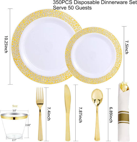 I00000 350 Pieces Gold Plastic Dinnerware - Disposable Gold Lace Plates, Include:50 Dinner Plates,50 Dessert Plates, 50 Pre Rolled Napkins with Silverware and 50 Cups for Weddings - PuriLite