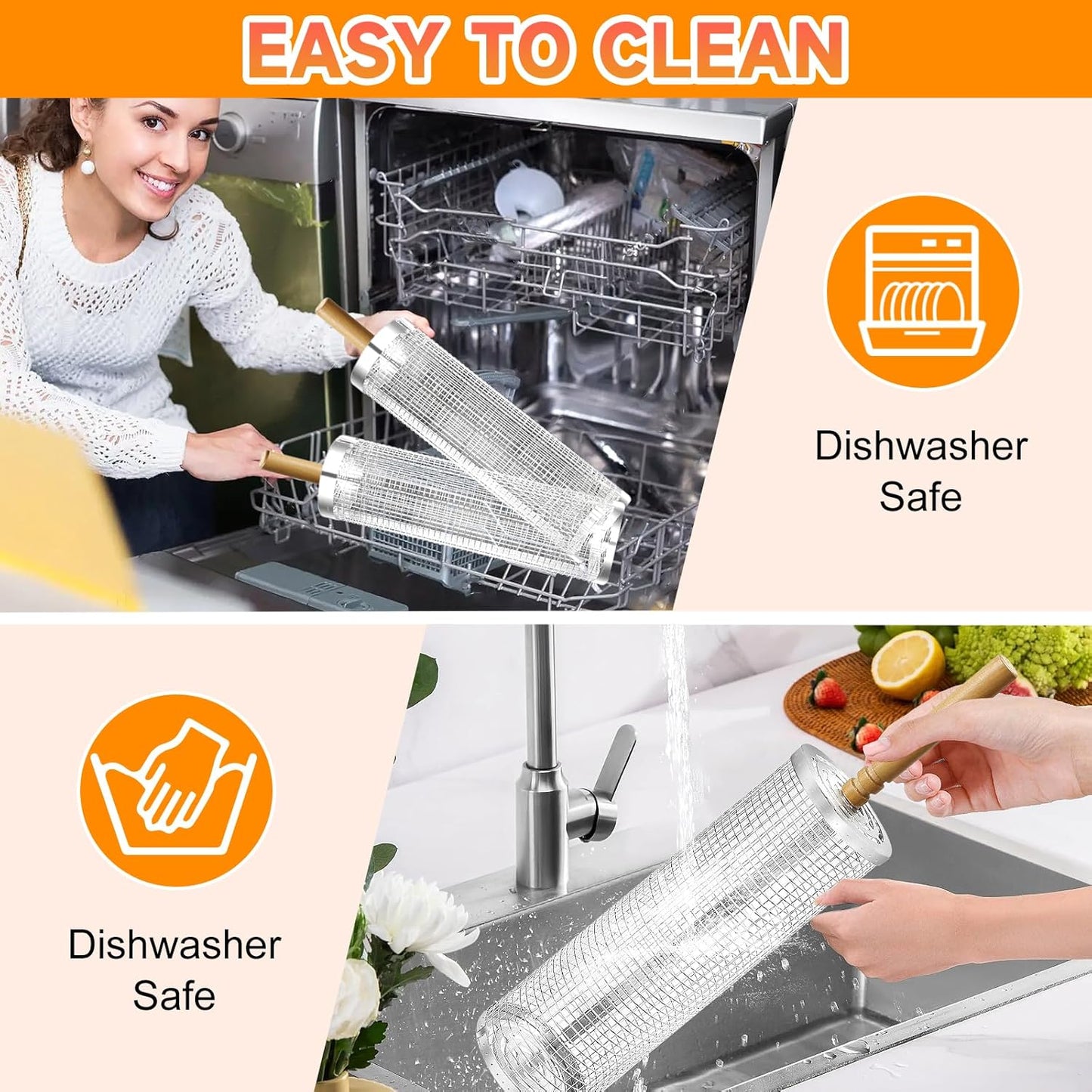 2Pcs Rolling Grill Baskets with Removable Wooden Handles – 304 Stainless Steel Nesting BBQ Grill Basket Set