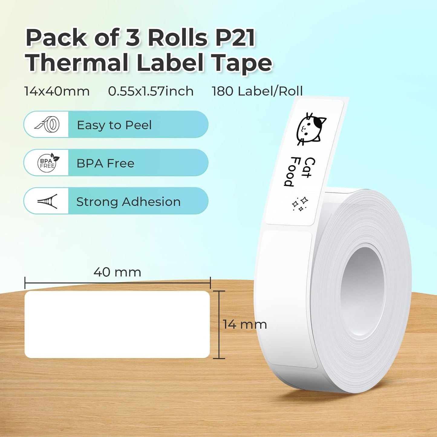 Thermal Label Maker Tape 14x40mm – Adhesive Waterproof Replacement Label Rolls, 180 Labels per Roll, 3 Pack for Home and Office Organization - PuriLite