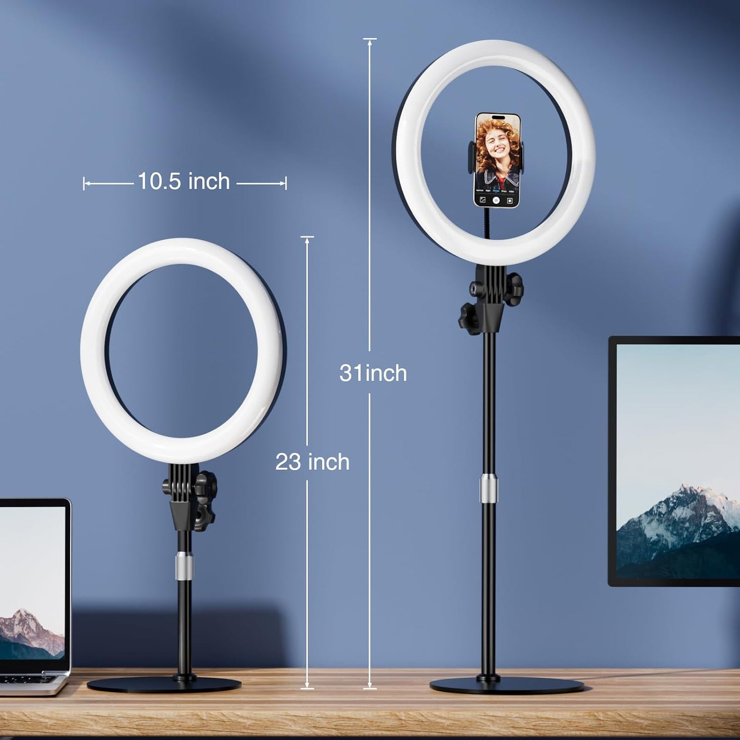 Desk Ring Light with Stand, 10.5'' Circle Light with Phone Holder for Video Recording, Adjustable Halo Light for Computer Zoom Meeting, Laptop Light for Conference Video Calls, Podcast, Live Streaming
