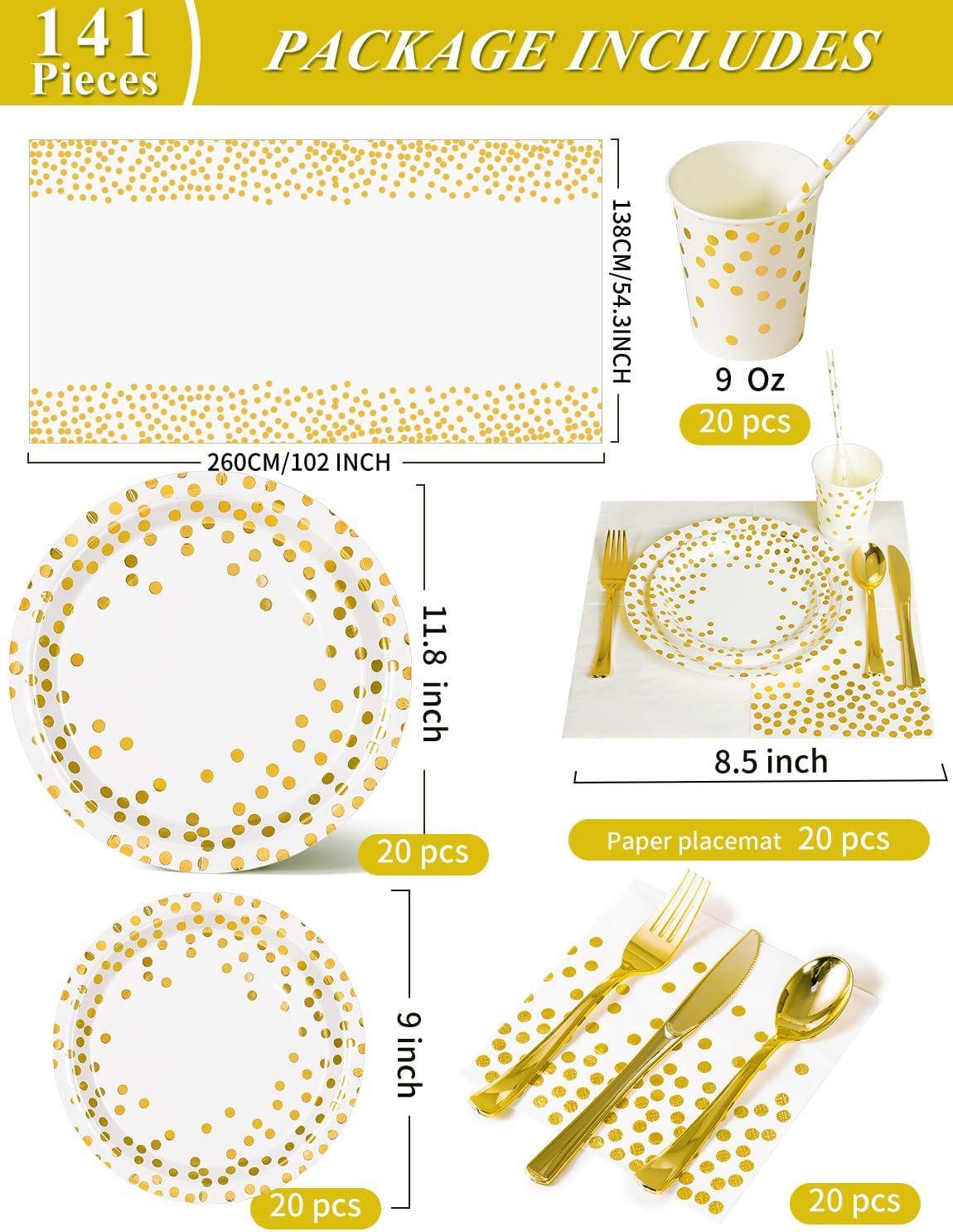 Nkaiso141Pcs White Gold Party Tableware, Party Paper Plates and Cutlery Set Includes Plates Cups Dinnerware Napkins, for Birthday Wedding Babyshower Decorations Supplies-20 Guests