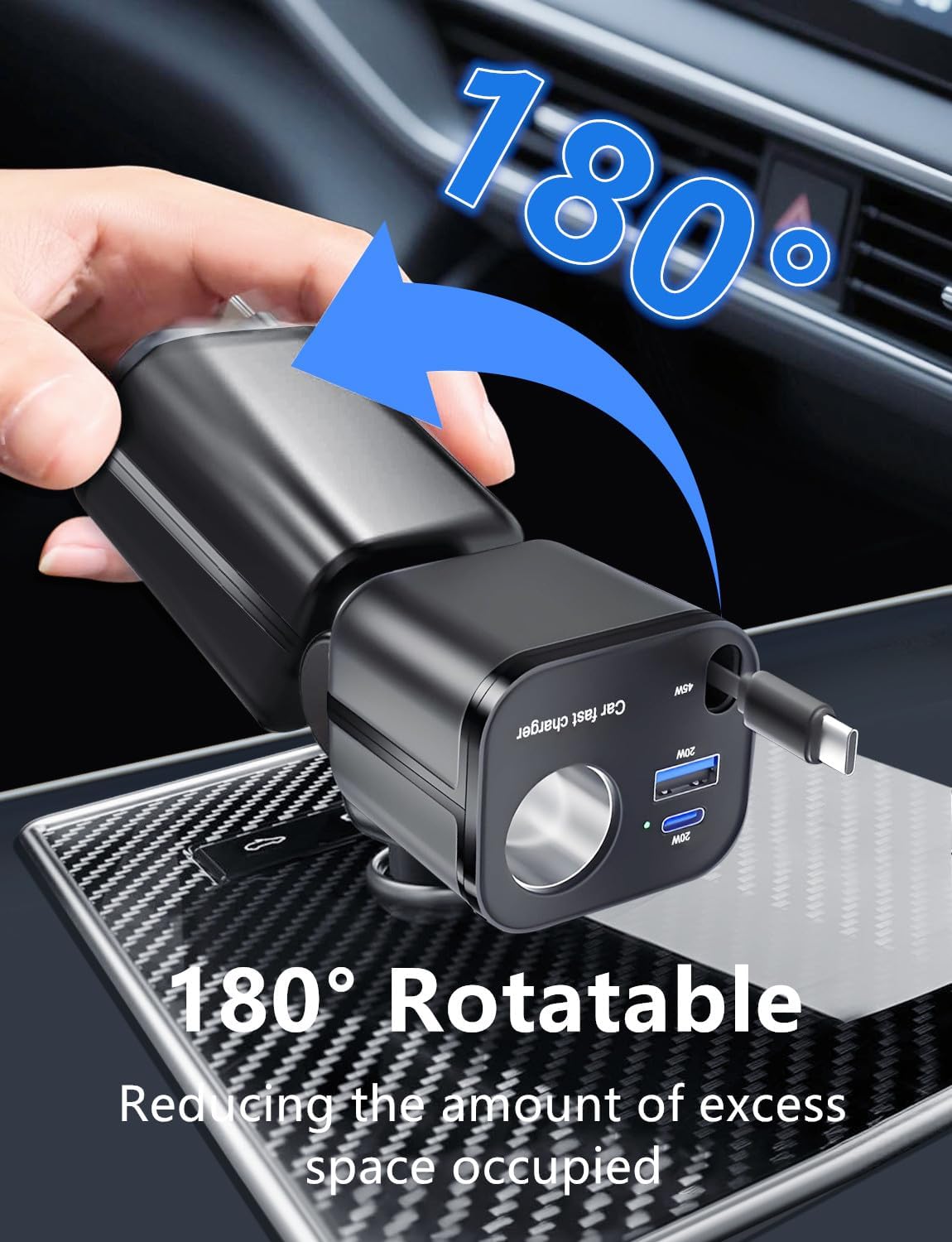 145W 4-in-1 Retractable Car Charger Adapter with USB-C & USB-A Ports, Fast Charging Cigarette Lighter Socket, Compact 12V/24V Car Phone Charger for iPhone and Android Devices