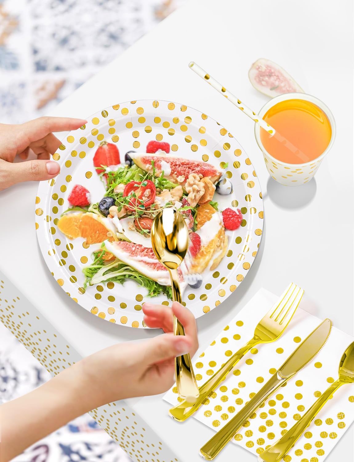Nkaiso141Pcs White Gold Party Tableware, Party Paper Plates and Cutlery Set Includes Plates Cups Dinnerware Napkins, for Birthday Wedding Babyshower Decorations Supplies-20 Guests
