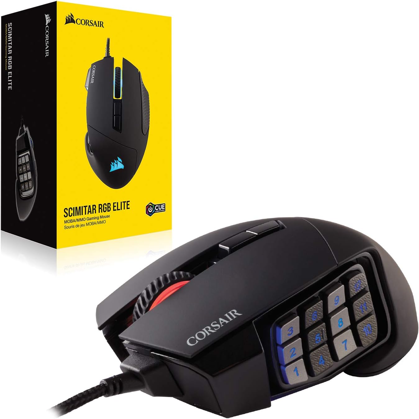 Corsair SCIMITAR RGB ELITE, MOBA/MMO Gaming Mouse, Backlit RGB LED, 18000 DPI, Optical, Black, 1 Pack