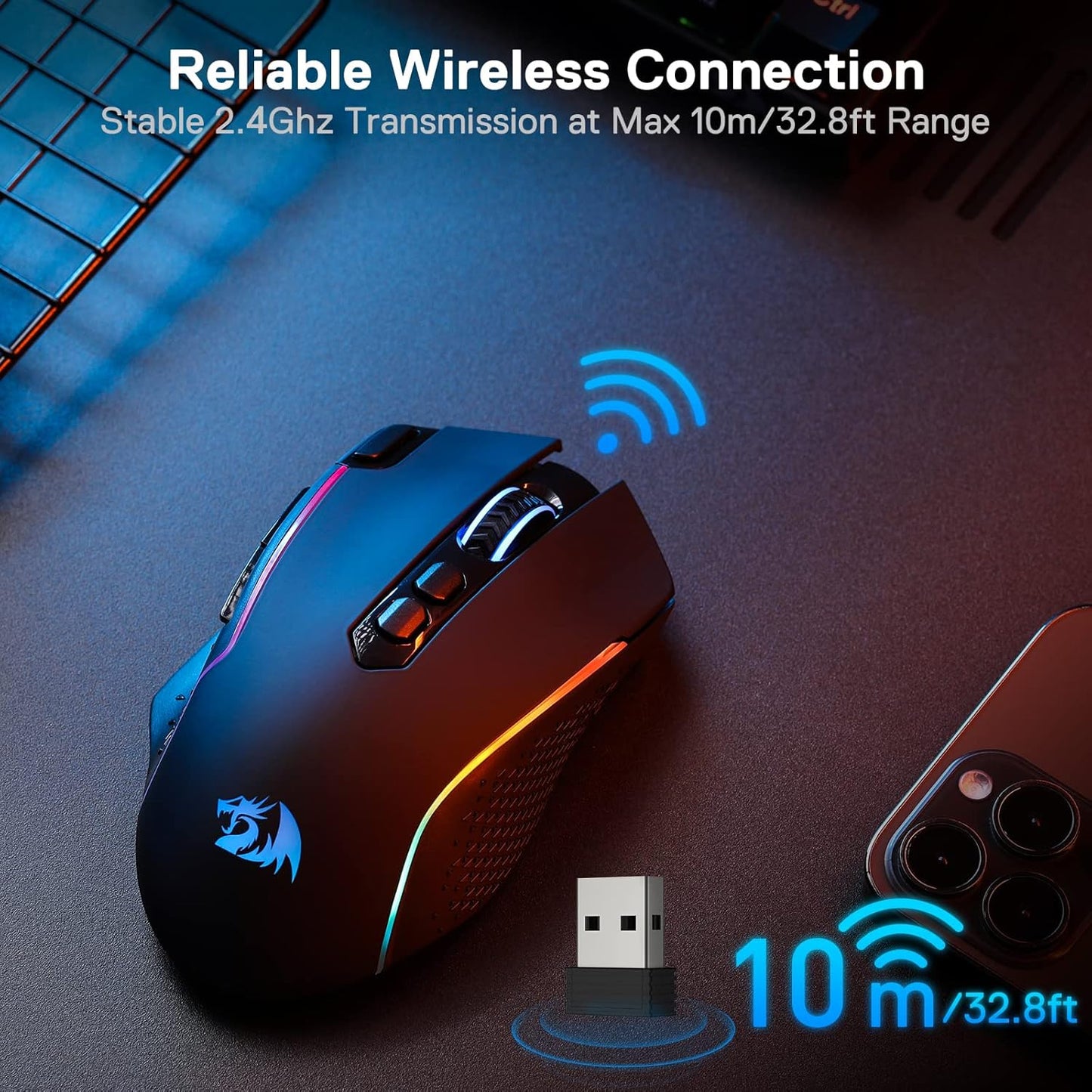Redragon M810 Pro Wireless Gaming Mouse, 10000 DPI Wired/Wireless Mouse w/Rapid Fire Key, 8 Macro Buttons, 45-Hour Durable Power Capacity and RGB Backlit for PC/Mac/Laptop