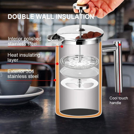 Secura French Press Coffee Maker, 304 Grade Stainless Steel Insulated Coffee Press with 2 Extra Screens, 34oz (1 Litre), Silver - PuriLite