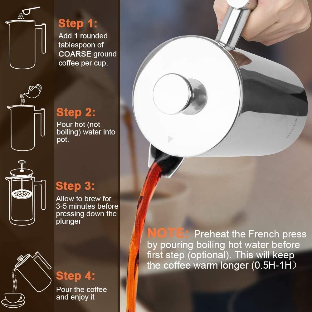 Secura French Press Coffee Maker, 304 Grade Stainless Steel Insulated Coffee Press with 2 Extra Screens, 34oz (1 Litre), Silver - PuriLite