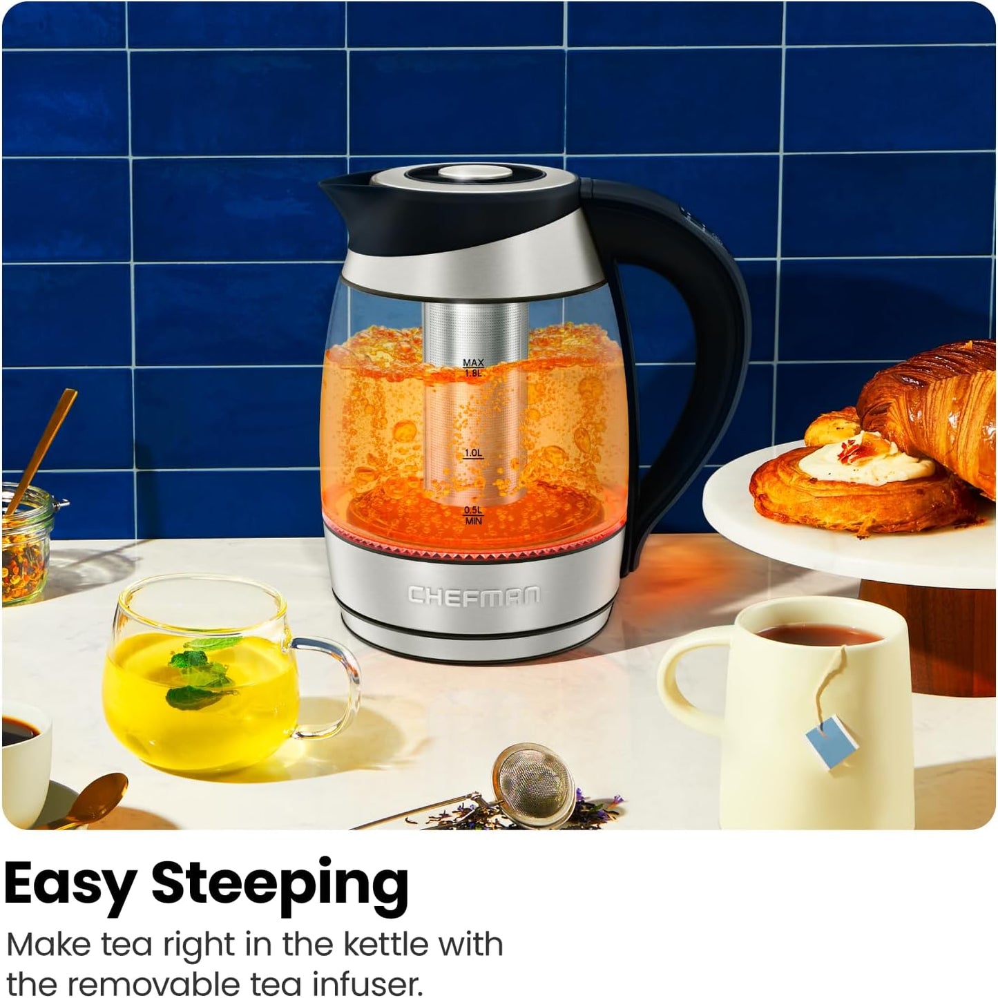 Chefman Electric Kettle w/ Temperature Control, 5 Presets, Colored LED Indicator Lights, 360° Swivel Base, BPA Free, Removable Tea Infuser Included, 1100 Watts & 120 Volts, Stainless Steel, 1.8 Liters