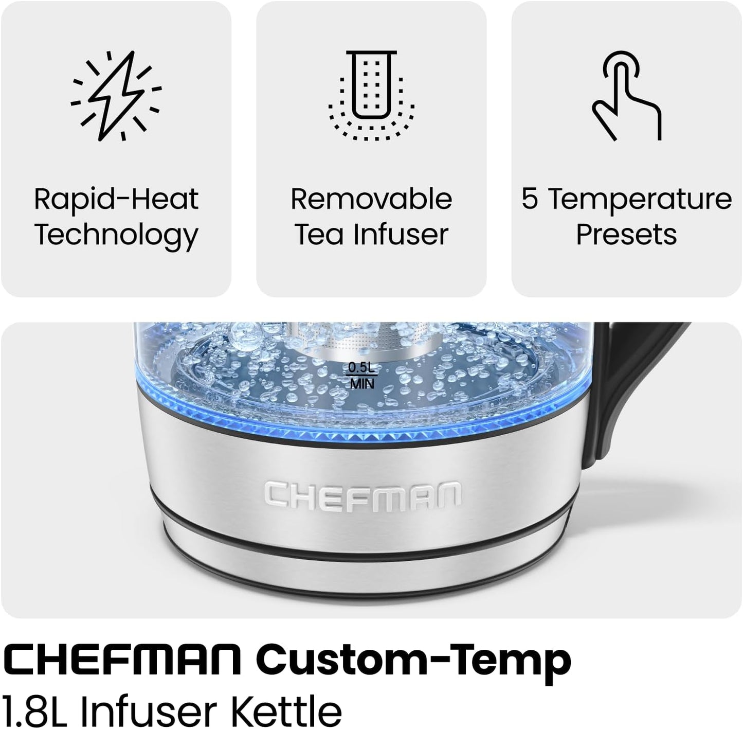 Chefman Electric Kettle w/ Temperature Control, 5 Presets, Colored LED Indicator Lights, 360° Swivel Base, BPA Free, Removable Tea Infuser Included, 1100 Watts & 120 Volts, Stainless Steel, 1.8 Liters
