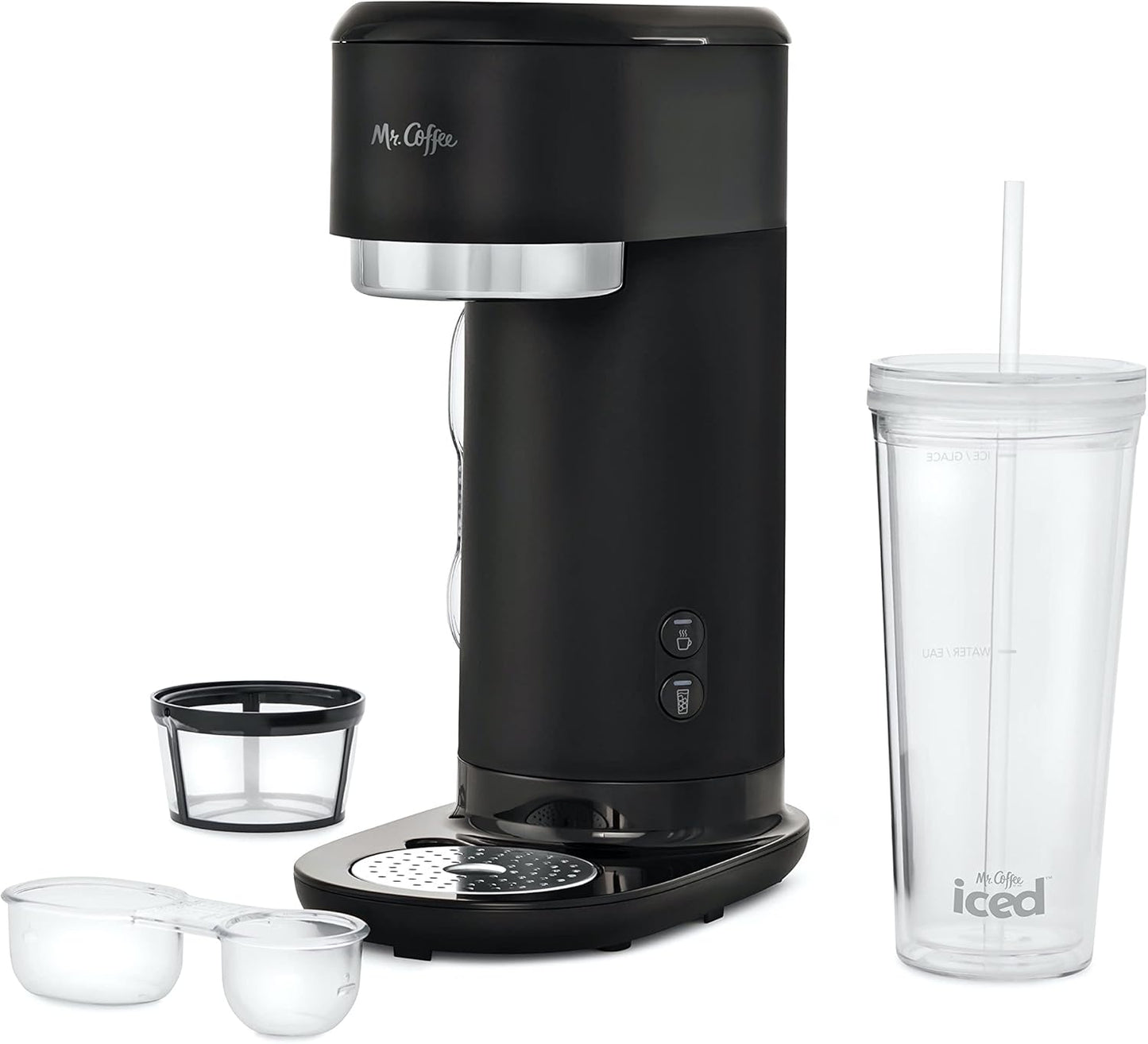 Mr. Coffee Iced and Hot Coffee Maker, Single Serve Coffee Machine with 22-Ounce (591 mL) Tumbler and Reusable Coffee Filter, Black