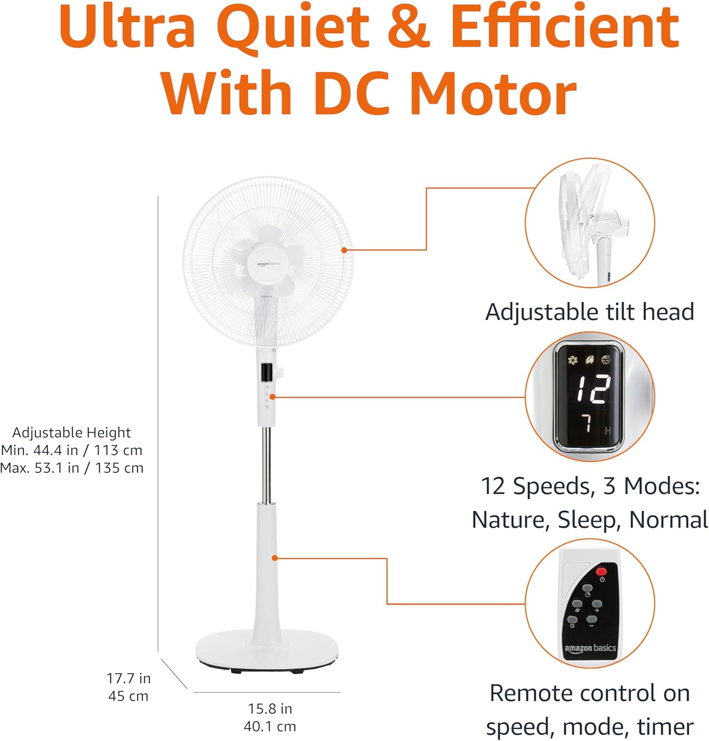 Amazon Basics 41cm DC Motor Fan, 12 Speed Fan with Remote, Floor Fan, Standing Fan with 3 Breeze Modes, Dual-Layered Blades (10 Blades), Timer, Energy Efficiency and Quiet DC Motor (28W), White