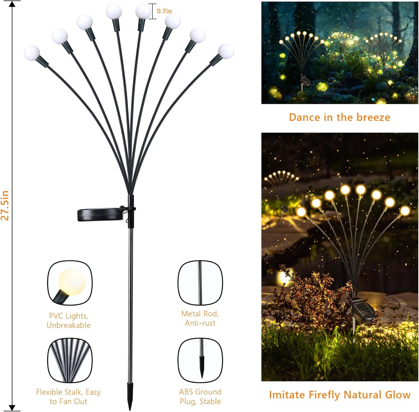 Solar Firefly Garden Lights 4 Pack, Waterproof Swaying LED Outdoor Pathway Lights with 2 Lighting Modes, Solar-Powered Landscape Decor, Warm White