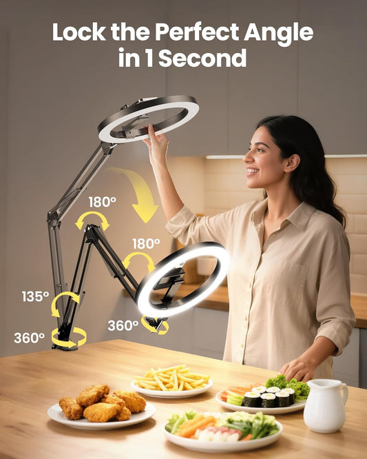 10-Inch Desk Ring Light with Adjustable Stand and Phone Holder, Overhead LED Lighting for Video Recording, Live Streaming, Online Meetings and Content Creation
