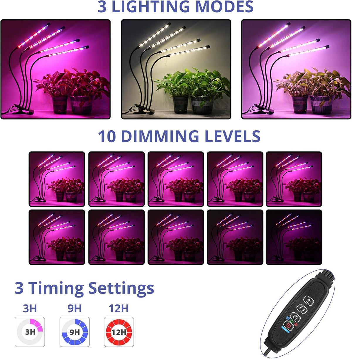 Sondiko Full Spectrum Grow Light for Indoor Plants â 4-Head LED with Auto Timer, 9-Level Dimmer & Flexible Gooseneck - PuriLite