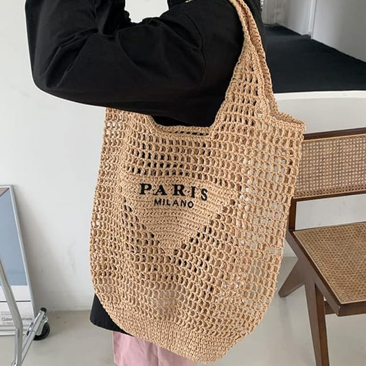 POOOPSSD New Woven Bag, Straw Mesh Tote Bag, Beach, Shoulder Bag, Hobo Women, Foldable Large Capacity, for Holiday. - PuriLite