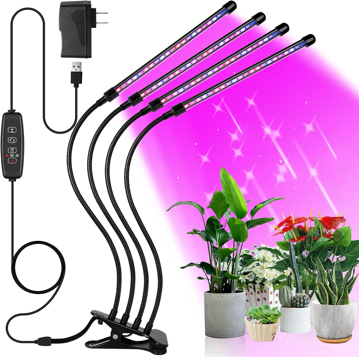 Sondiko Full Spectrum Grow Light for Indoor Plants â 4-Head LED with Auto Timer, 9-Level Dimmer & Flexible Gooseneck - PuriLite