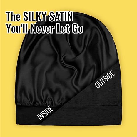 PARISBELLA Satin Lined Sleep Cap Bonnet for Curly Hair and Braids, Stay On All Night Wrap with Adjustable Strap for Women and Men, Black, Pack of 1