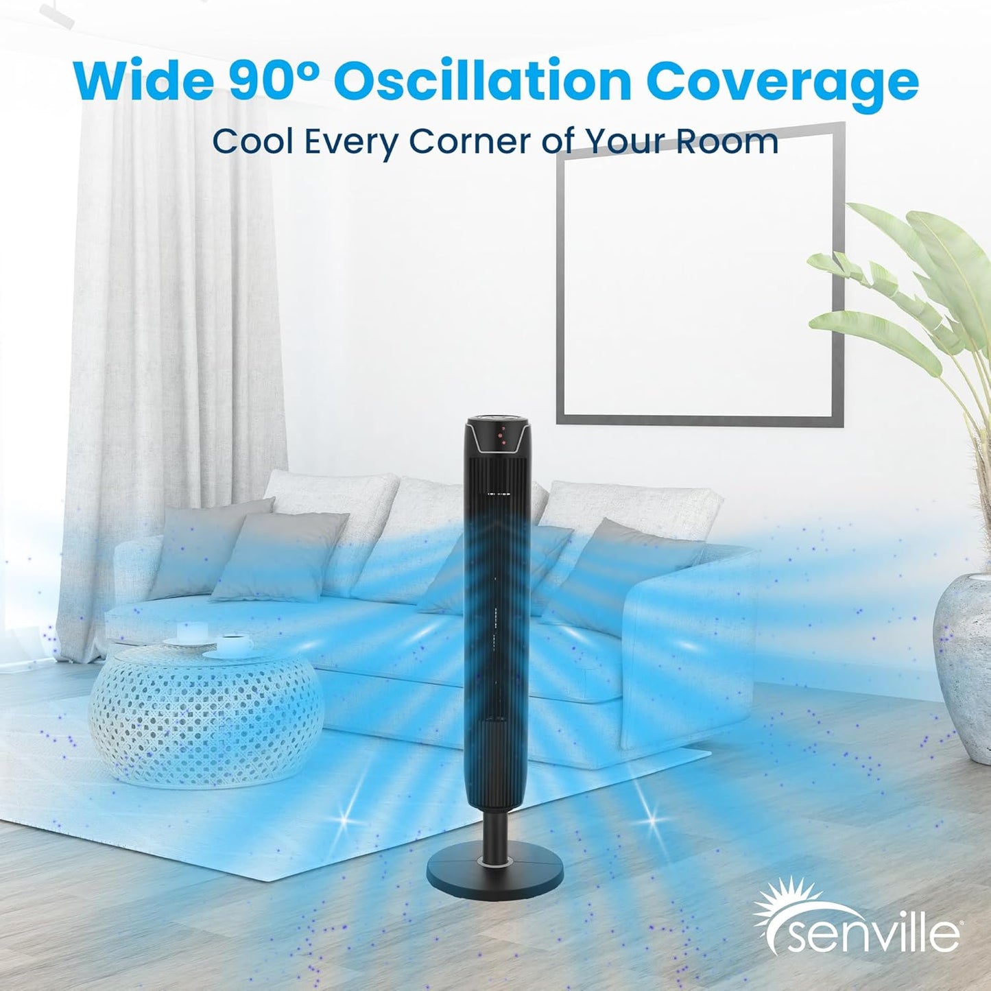 Senville 42" Oscillating Tower Fan for Bedroom, Remote, Bladeless, Quiet, 3 Modes, 7-Hour Timer, LED Display, Black