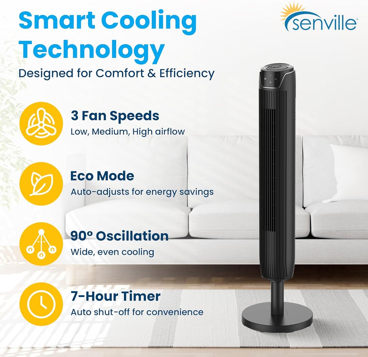 Senville 42" Oscillating Tower Fan for Bedroom, Remote, Bladeless, Quiet, 3 Modes, 7-Hour Timer, LED Display, Black