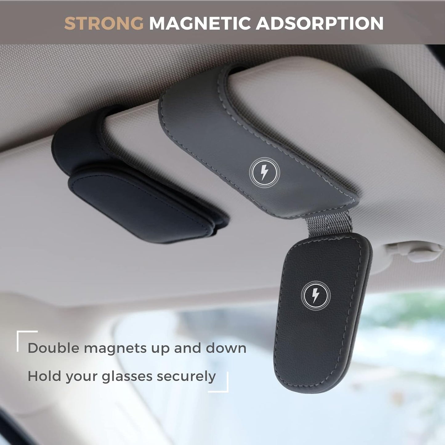 Magnetic Leather Sunglass Holder, Eyeglass Hanger Clip for Car Sun Visor, Suitable for Different Size Eyeglasses (Black)