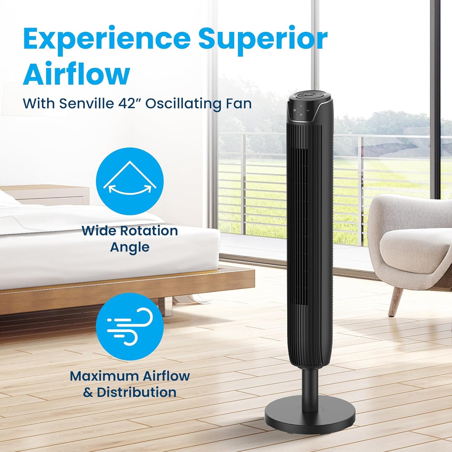 Senville 42" Oscillating Tower Fan for Bedroom, Remote, Bladeless, Quiet, 3 Modes, 7-Hour Timer, LED Display, Black